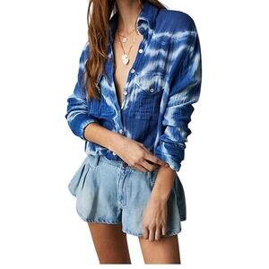 Free People Venice beach Blue Tie Dye Gauze Button Down Shirt Top XS